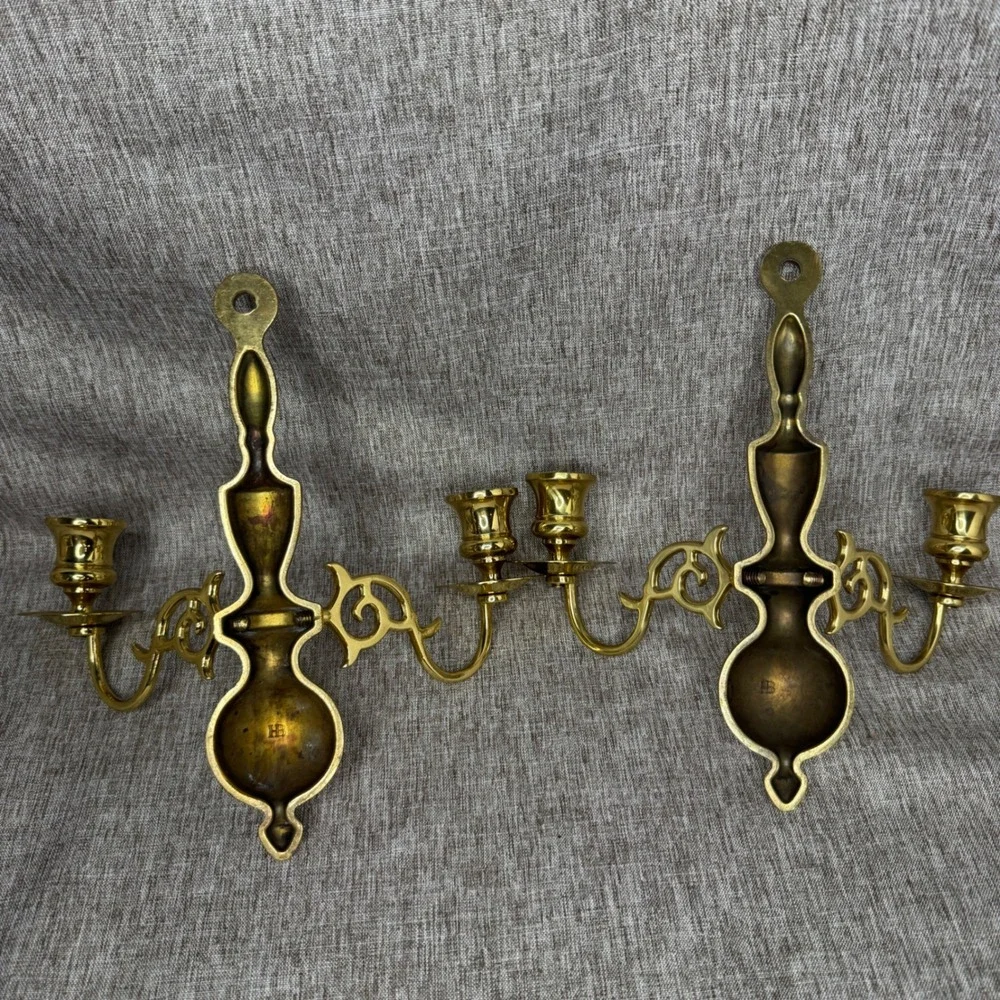 Vintage Harvin Brass Double Arm Candelabra Dark Academia Wall Sconce Pair